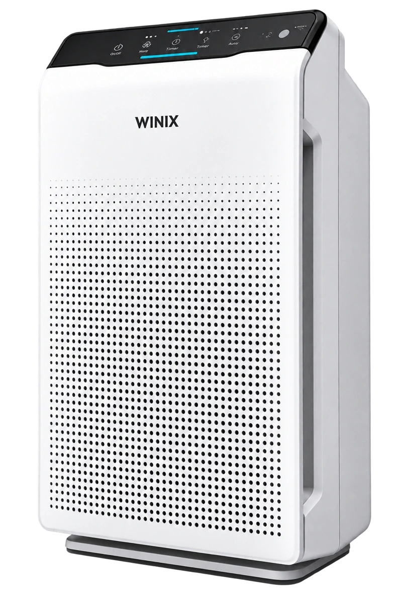 Close-up of a white WINIX air purifier White WINIX air purifier viewed from the front at an angle