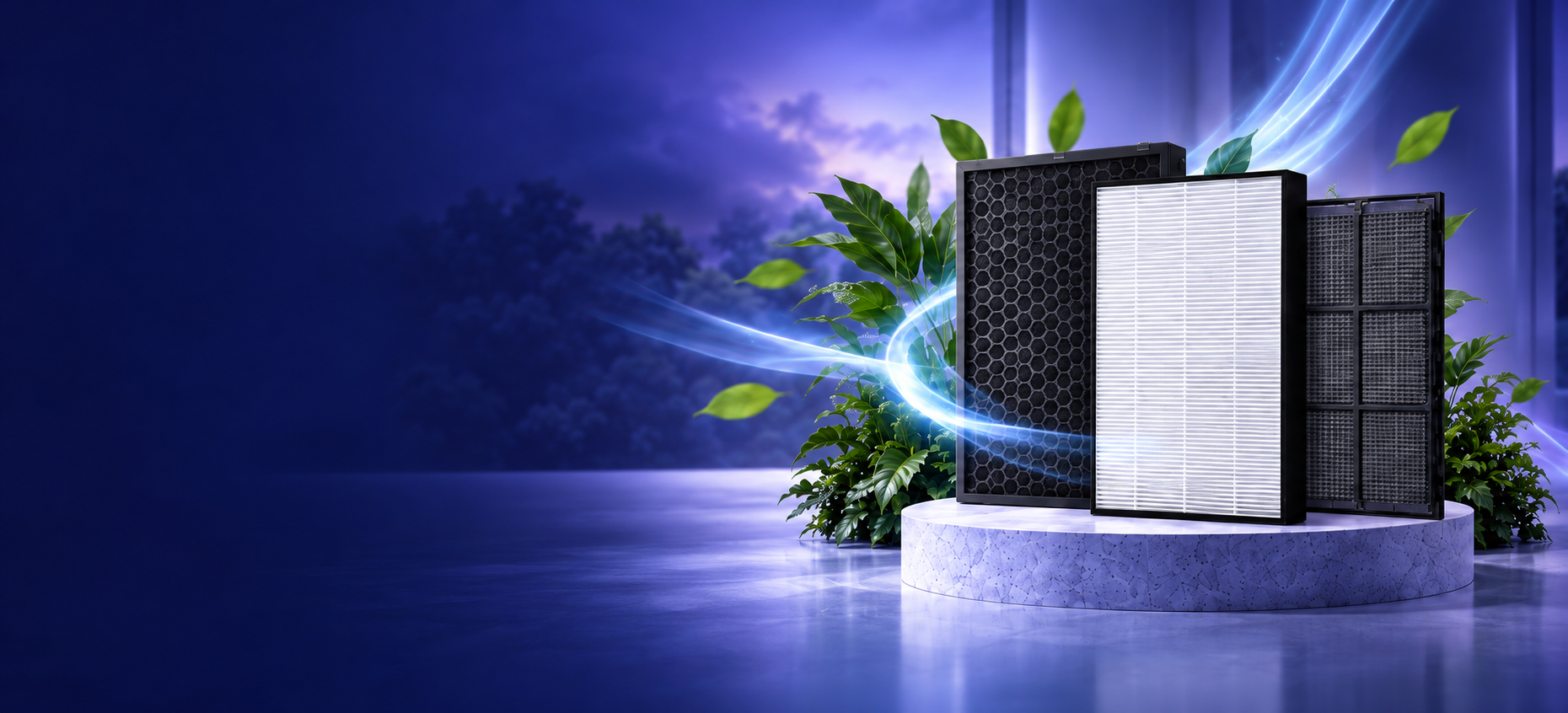 HEPA and carbon filters on a podium among green leaves